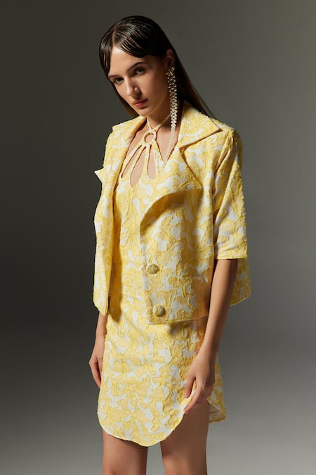 Buy_The Iaso_Yellow Jacquard, Cotton Embroidery Collared Wren Lace Jacket _Online_at_Aza_Fashions