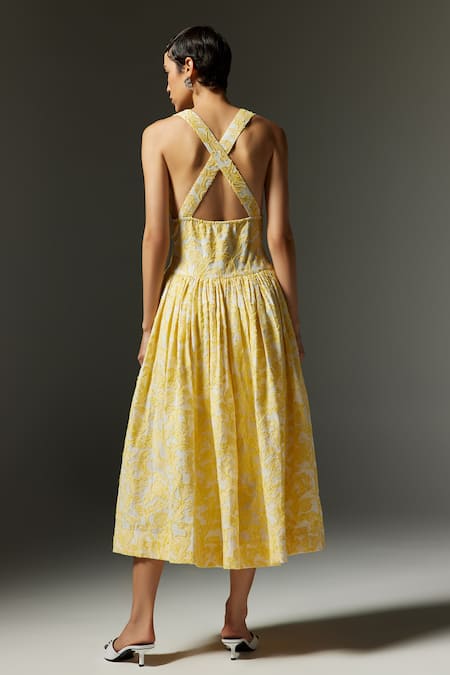 Shop The Iaso Yellow Jacquard, Cotton Embroidery Plunge Neck Wren Midi Dress at Aza Fashions Shop_The Iaso_Yellow Jacquard, Cotton Embroidery Plunge Neck Wren Midi Dress _at_Aza_Fashions