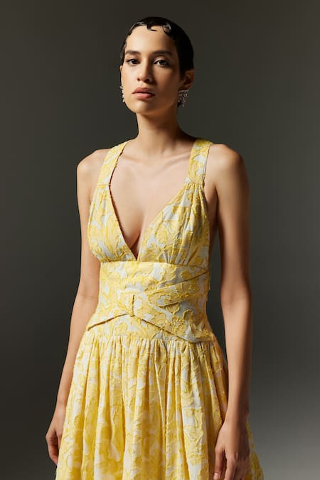 The Iaso Yellow Jacquard, Cotton Embroidery Plunge Neck Wren Midi Dress Online at Aza Fashions The Iaso_Yellow Jacquard, Cotton Embroidery Plunge Neck Wren Midi Dress _Online_at_Aza_Fashions