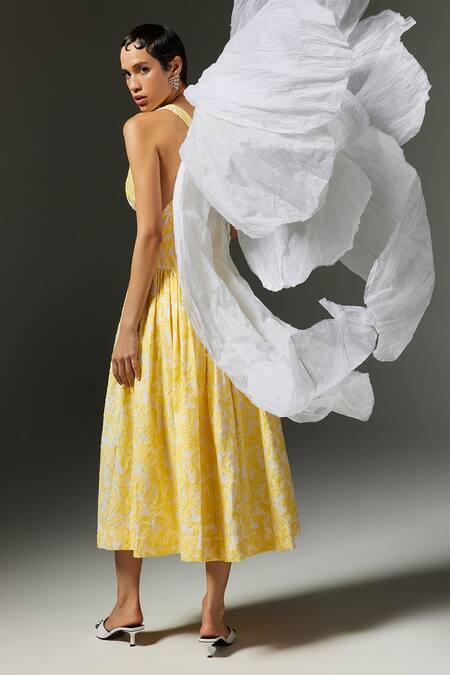 Buy The Iaso Yellow Jacquard, Cotton Embroidery Plunge Neck Wren Midi Dress Online at Aza Fashions Buy_The Iaso_Yellow Jacquard, Cotton Embroidery Plunge Neck Wren Midi Dress _Online_at_Aza_Fashions