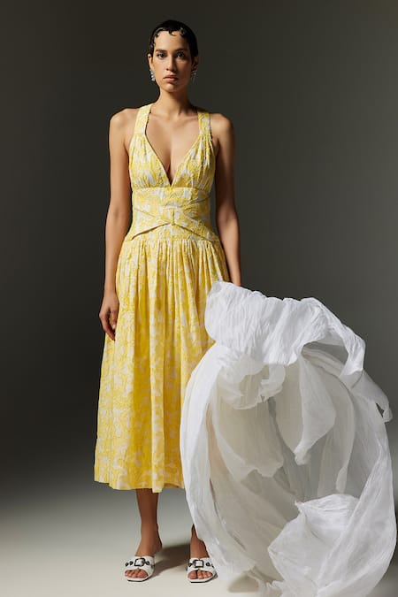 Shop The Iaso Yellow Jacquard, Cotton Embroidery Plunge Neck Wren Midi Dress Online at Aza Fashions Shop_The Iaso_Yellow Jacquard, Cotton Embroidery Plunge Neck Wren Midi Dress _Online_at_Aza_Fashions
