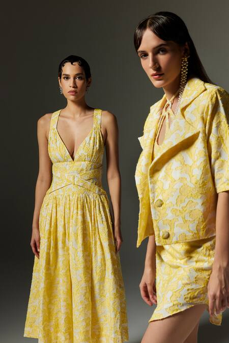 The Iaso Yellow Jacquard, Cotton Embroidery Plunge Neck Wren Midi Dress at Aza Fashions The Iaso_Yellow Jacquard, Cotton Embroidery Plunge Neck Wren Midi Dress _at_Aza_Fashions