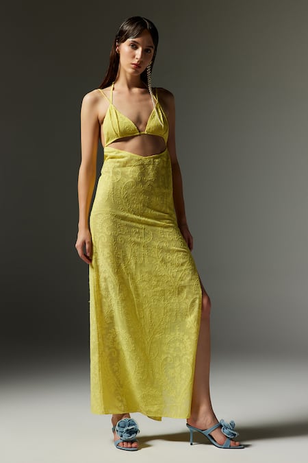 Buy_The Iaso_Yellow Cotton, Jacquard Embroidery Plunge Neck June Mandala Dress _Online_at_Aza_Fashions