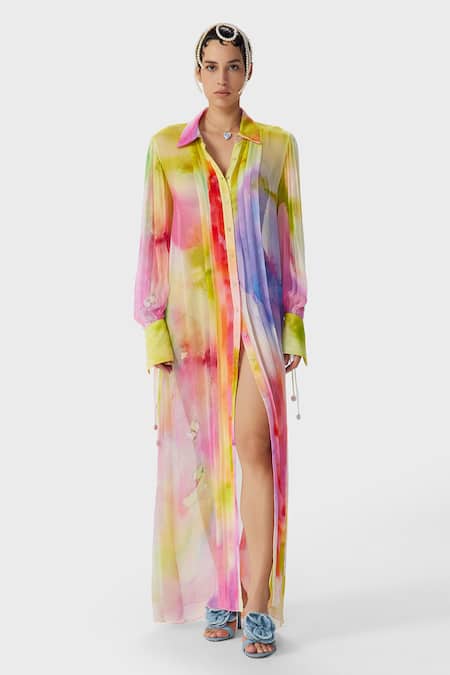 The Iaso_Multi Color Chiffon Collared Elea Ombre Long Dress _Online_at_Aza_Fashions