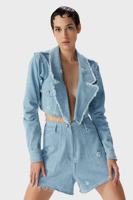The Iaso_Blue Denim Collared Tilly Frayed Jacket _Online_at_Aza_Fashions