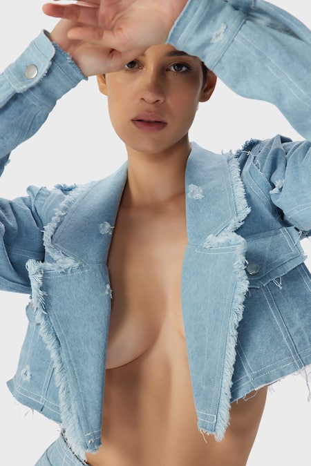 Buy_The Iaso_Blue Denim Collared Tilly Frayed Jacket _Online_at_Aza_Fashions