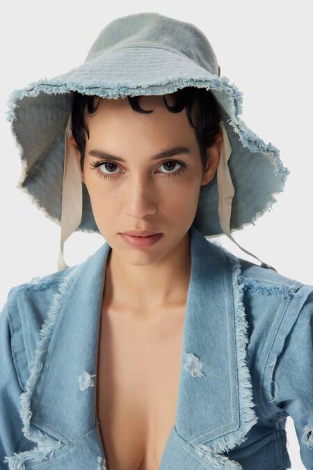 Shop_The Iaso_Blue Denim Collared Tilly Frayed Jacket _Online_at_Aza_Fashions