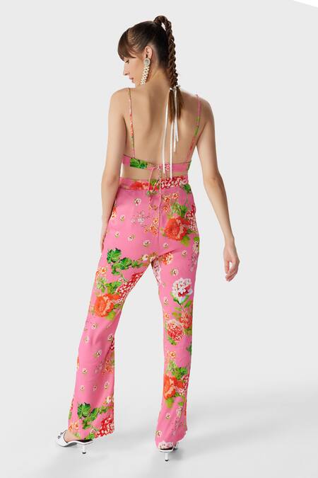 Shop_THE IASO_Pink Crepe, Satin Nola Floral Print Pant _at_Aza_Fashions