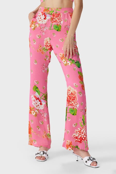 THE IASO_Pink Crepe, Satin Nola Floral Print Pant _Online_at_Aza_Fashions
