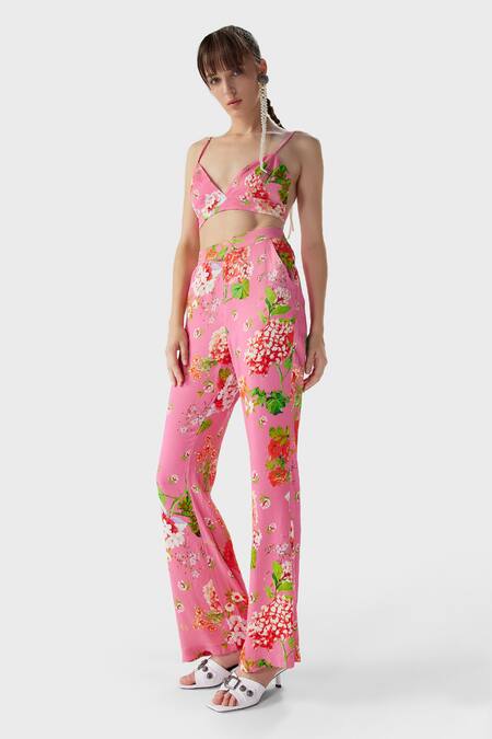 Buy_THE IASO_Pink Crepe, Satin Nola Floral Print Pant _Online_at_Aza_Fashions