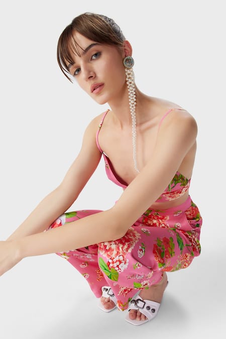Shop_THE IASO_Pink Crepe, Satin Nola Floral Print Pant _Online_at_Aza_Fashions