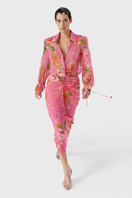 The Iaso Pink Crepe Embroidery Collared Nola Floral Print Shirt Online at Aza Fashions The Iaso_Pink Crepe Embroidery Collared Nola Floral Print Shirt _Online_at_Aza_Fashions