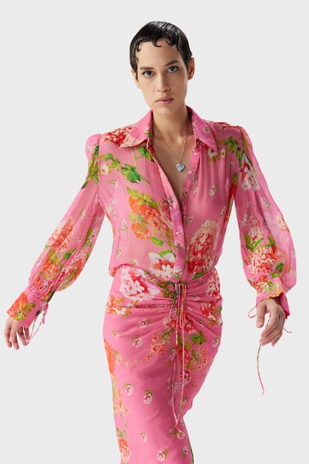 Buy The Iaso Pink Crepe Embroidery Collared Nola Floral Print Shirt Online at Aza Fashions Buy_The Iaso_Pink Crepe Embroidery Collared Nola Floral Print Shirt _Online_at_Aza_Fashions