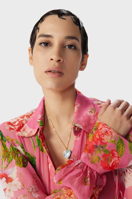Shop The Iaso Pink Crepe Embroidery Collared Nola Floral Print Shirt Online at Aza Fashions Shop_The Iaso_Pink Crepe Embroidery Collared Nola Floral Print Shirt _Online_at_Aza_Fashions