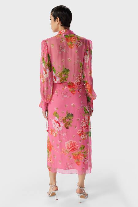 Shop_THE IASO_Pink Crepe Nola Floral Print Skirt _at_Aza_Fashions