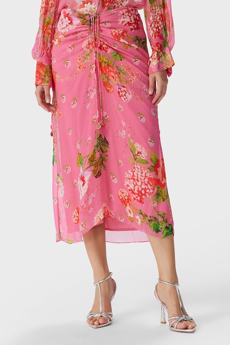 THE IASO_Pink Crepe Nola Floral Print Skirt _Online_at_Aza_Fashions