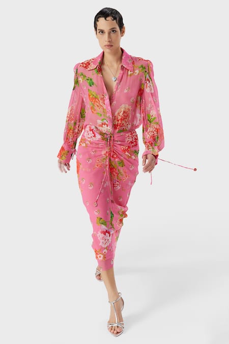 Shop_THE IASO_Pink Crepe Nola Floral Print Skirt _Online_at_Aza_Fashions