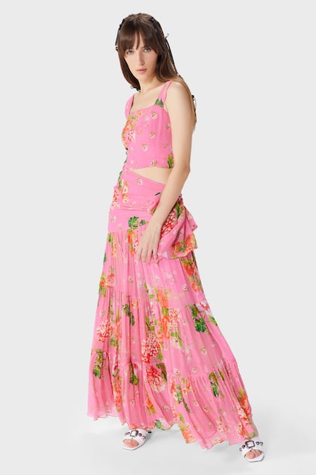 The Iaso Pink Chiffon Square Neck Floral Print Maxi Dress Online at Aza Fashions The Iaso_Pink Chiffon Square Neck Floral Print Maxi Dress _Online_at_Aza_Fashions