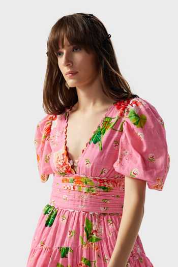 The Iaso_Pink Cotton Embroidery V-neck Floral Print Short Dress _Online_at_Aza_Fashions
