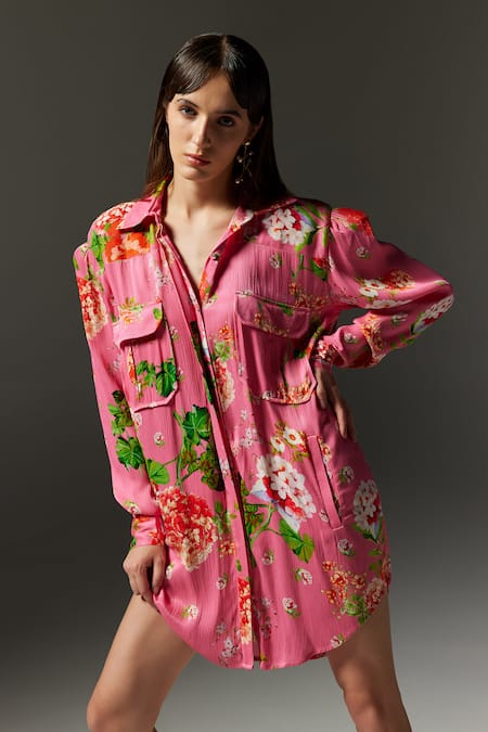 THE IASO Pink Crepe Satin Printed Floral Collared Shirt Dress 