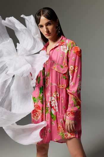 The Iaso_Pink Crepe, Satin Collared Floral Print Shirt Dress _Online_at_Aza_Fashions