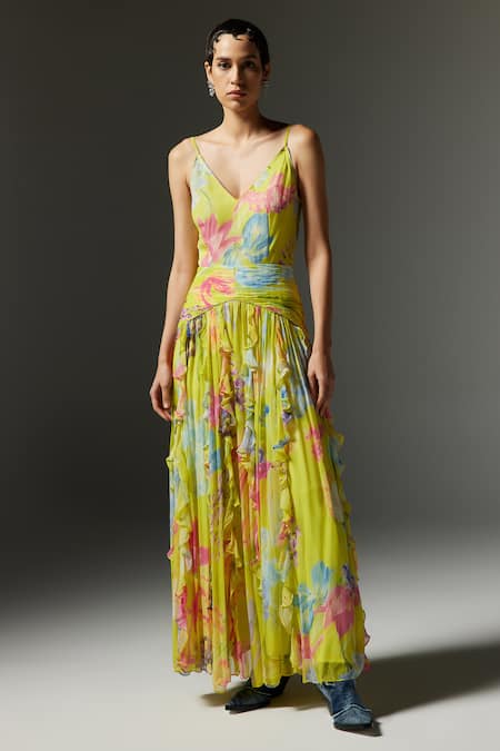 The Iaso_Yellow Chiffon V-neck Tira Strappy Printed Maxi Dress _Online_at_Aza_Fashions