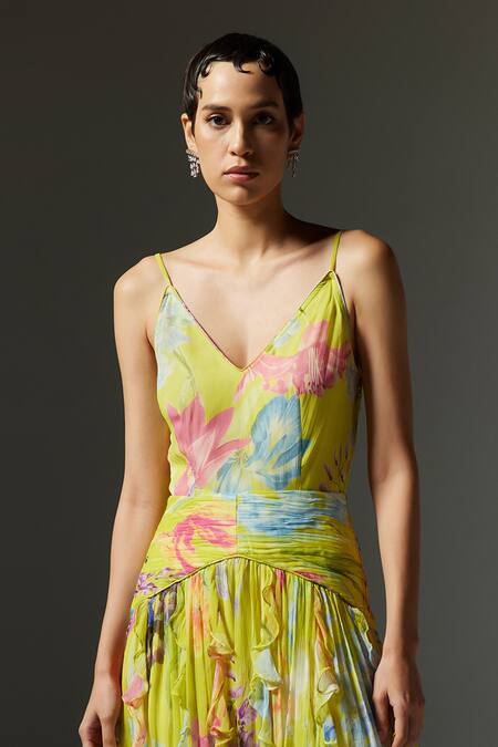 Buy_The Iaso_Yellow Chiffon V-neck Tira Strappy Printed Maxi Dress _Online_at_Aza_Fashions