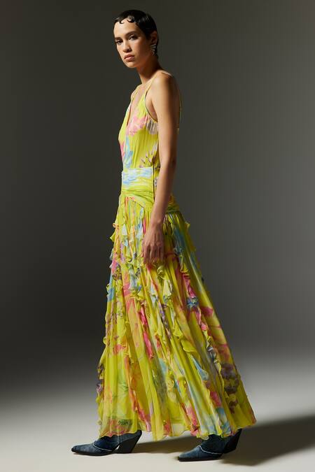 The Iaso_Yellow Chiffon V-neck Tira Strappy Printed Maxi Dress _at_Aza_Fashions