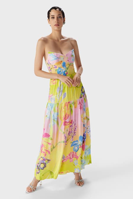 The Iaso Yellow Silk Satin V-neck Tira Corset Midi Dress Online at Aza Fashions The Iaso_Yellow Silk Satin V-neck Tira Corset Midi Dress _Online_at_Aza_Fashions