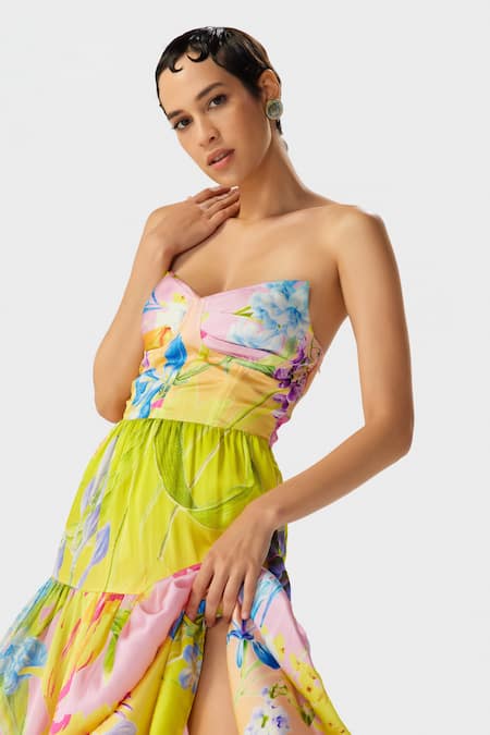 Buy The Iaso Yellow Silk Satin V-neck Tira Corset Midi Dress Online at Aza Fashions Buy_The Iaso_Yellow Silk Satin V-neck Tira Corset Midi Dress _Online_at_Aza_Fashions