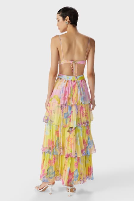Shop_THE IASO_Yellow Chiffon Floral Print Long Skirt _at_Aza_Fashions