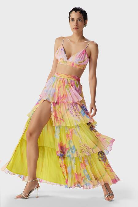 THE IASO_Yellow Chiffon Floral Print Long Skirt _Online_at_Aza_Fashions