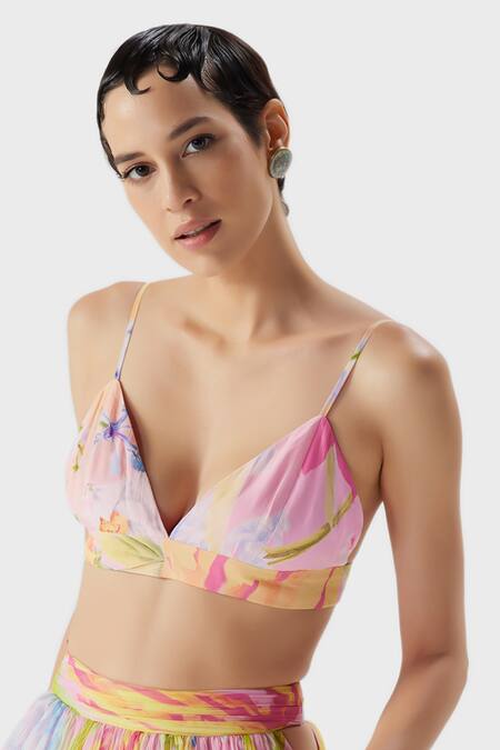 The Iaso_Yellow Crepe Embroidery Plunge Neck Floral Print Strapped Bralette _Online_at_Aza_Fashions