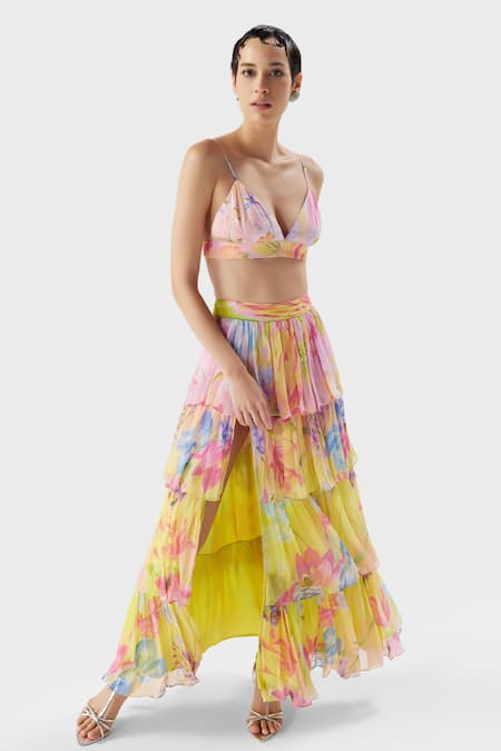 Buy_The Iaso_Yellow Crepe Embroidery Plunge Neck Floral Print Strapped Bralette _Online_at_Aza_Fashions