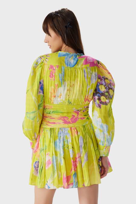 Shop_THE IASO_Yellow Cotton V-neck Tira Printed Short Dress _at_Aza_Fashions