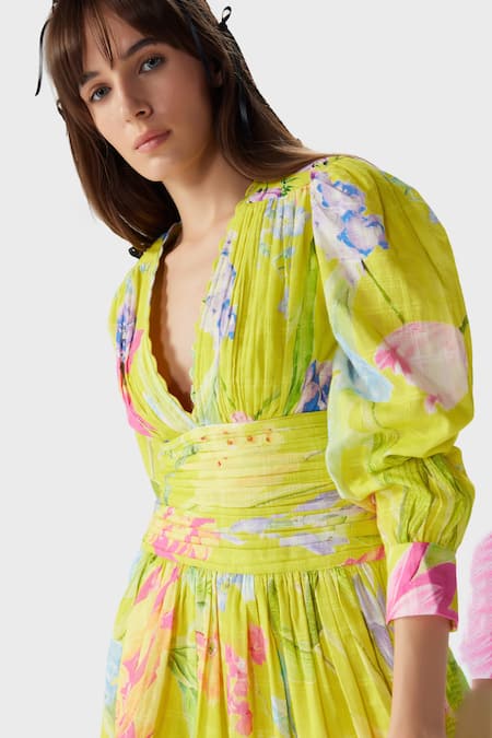 Buy_THE IASO_Yellow Cotton V-neck Tira Printed Short Dress _Online_at_Aza_Fashions