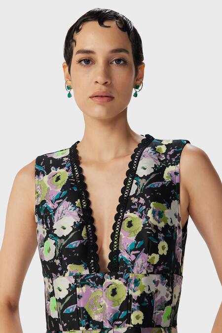 The Iaso Black Jacquard, Modal Plunge Neck Jill Floral Print Midi Dress Online at Aza Fashions The Iaso_Black Jacquard, Modal Plunge Neck Jill Floral Print Midi Dress _Online_at_Aza_Fashions