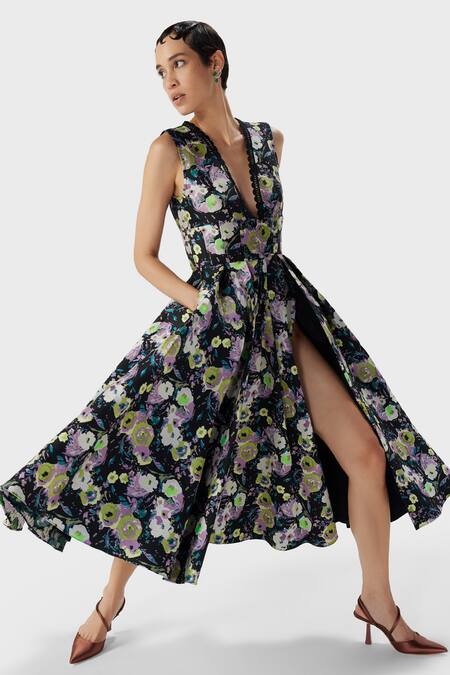 Buy The Iaso Black Jacquard, Modal Plunge Neck Jill Floral Print Midi Dress Online at Aza Fashions Buy_The Iaso_Black Jacquard, Modal Plunge Neck Jill Floral Print Midi Dress _Online_at_Aza_Fashions