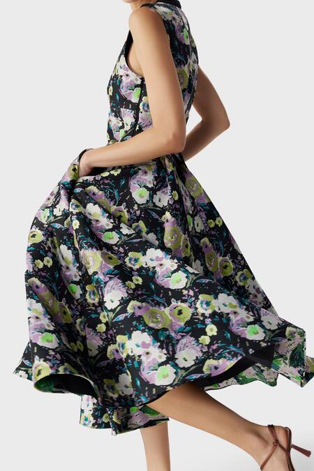 Shop The Iaso Black Jacquard, Modal Plunge Neck Jill Floral Print Midi Dress Online at Aza Fashions Shop_The Iaso_Black Jacquard, Modal Plunge Neck Jill Floral Print Midi Dress _Online_at_Aza_Fashions