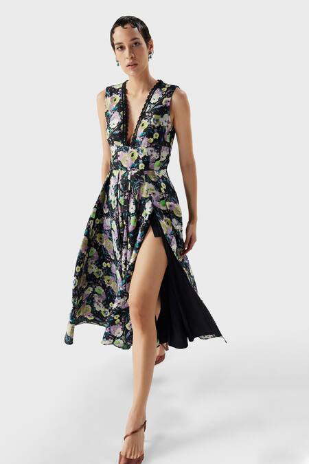 The Iaso Black Jacquard, Modal Plunge Neck Jill Floral Print Midi Dress at Aza Fashions The Iaso_Black Jacquard, Modal Plunge Neck Jill Floral Print Midi Dress _at_Aza_Fashions