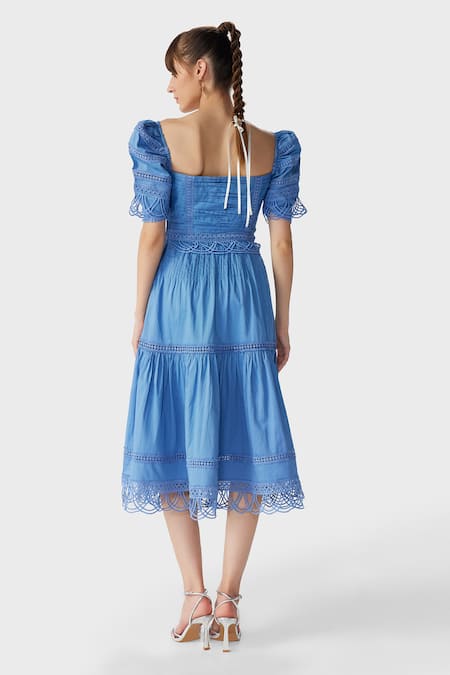 Shop The Iaso Blue Cotton Satin Sweetheart Neck Yen Laced Midi Dress at Aza Fashions Shop_The Iaso_Blue Cotton Satin Sweetheart Neck Yen Laced Midi Dress _at_Aza_Fashions