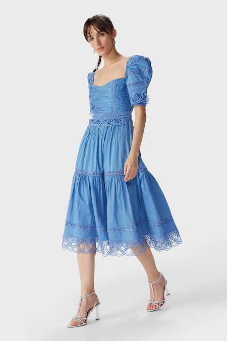 The Iaso Blue Cotton Satin Sweetheart Neck Yen Laced Midi Dress Online at Aza Fashions The Iaso_Blue Cotton Satin Sweetheart Neck Yen Laced Midi Dress _Online_at_Aza_Fashions