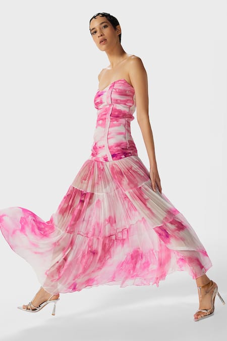The Iaso_White Chiffon Bandeau Neck Pink Printed Tube Ruched Maxi Dress _Online_at_Aza_Fashions