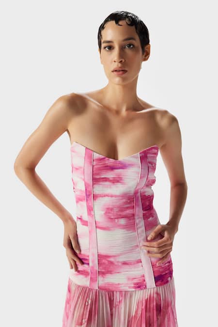 Buy_The Iaso_White Chiffon Bandeau Neck Pink Printed Tube Ruched Maxi Dress _Online_at_Aza_Fashions