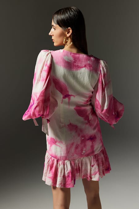 Shop The Iaso White Viscose Piping V-neck Rosie Printed Puffed Sleeve Dress at Aza Fashions Shop_The Iaso_White Viscose Piping V-neck Rosie Printed Puffed Sleeve Dress _at_Aza_Fashions