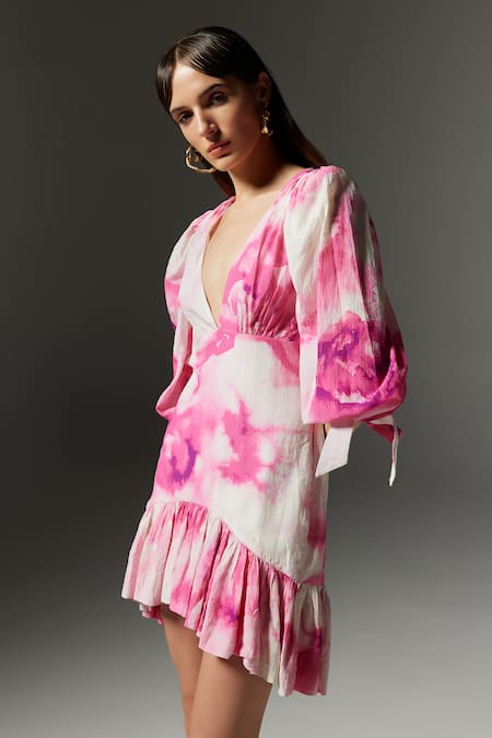 The Iaso White Viscose Piping V-neck Rosie Printed Puffed Sleeve Dress Online at Aza Fashions The Iaso_White Viscose Piping V-neck Rosie Printed Puffed Sleeve Dress _Online_at_Aza_Fashions