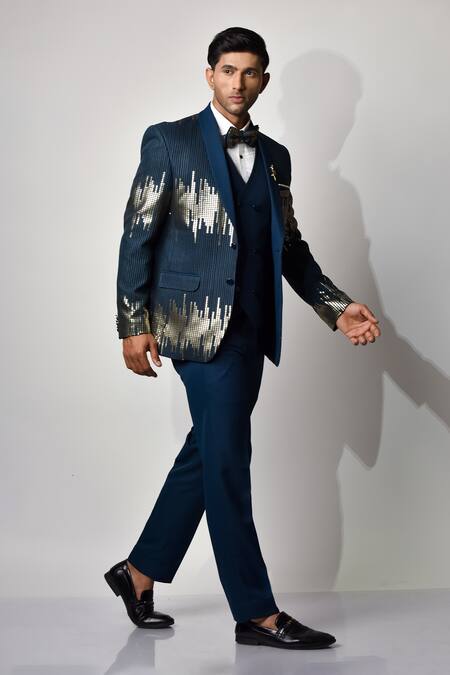 Soniya G_Blue Crepe, Handloom Cotton, Terrycloth, Ombre Embroidered Jacket Pant Set_Online_at_Aza_Fashions