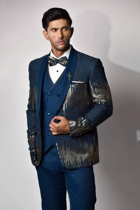 Buy_Soniya G_Blue Crepe, Handloom Cotton, Terrycloth, Ombre Embroidered Jacket Pant Set_Online_at_Aza_Fashions