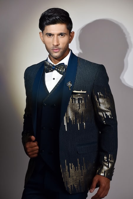 Shop_Soniya G_Blue Crepe, Handloom Cotton, Terrycloth, Ombre Embroidered Jacket Pant Set_Online_at_Aza_Fashions