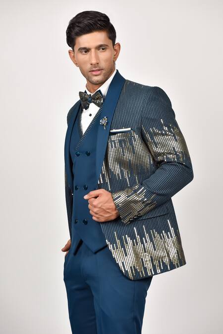 Soniya G_Blue Crepe, Handloom Cotton, Terrycloth, Ombre Embroidered Jacket Pant Set_at_Aza_Fashions